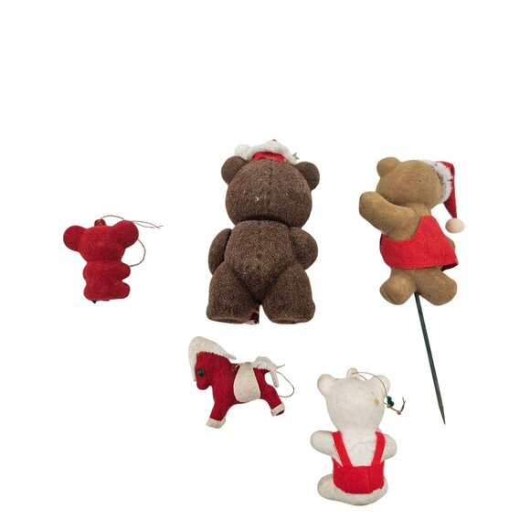 Teddy Bear And Horse Ornaments Flocked Christmas Holiday Decor Vintage Set of 5 - Picture 7 of 7